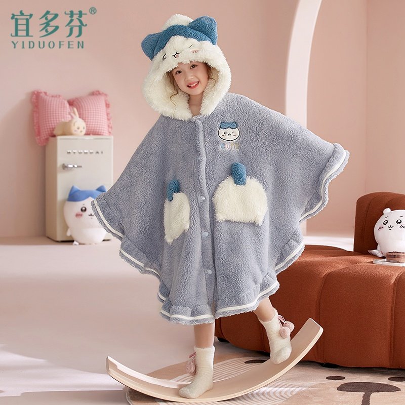 儿童珊瑚绒睡袍女童睡衣秋冬季加厚款斗篷连帽睡裙女孩法兰绒浴袍
