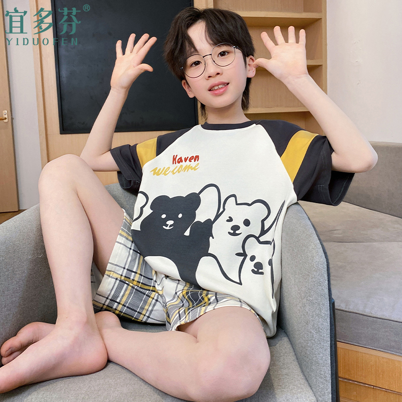 男童睡衣夏款2025新款纯棉薄款短袖男孩中大童儿童家居服套装夏季