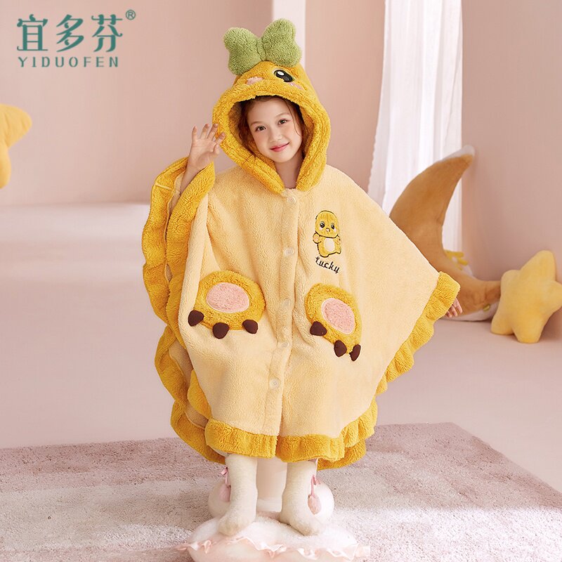 女童睡袍冬季加厚珊瑚绒保暖家居服中大童小女孩连帽披肩斗篷睡衣