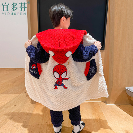 儿童睡衣男童法兰绒秋冬季加厚珊瑚绒中长款睡袍男孩冬家居服套装