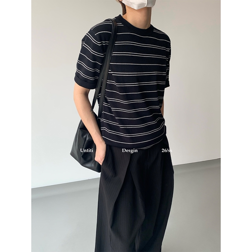 老钱风黑白条纹男针织透气T恤