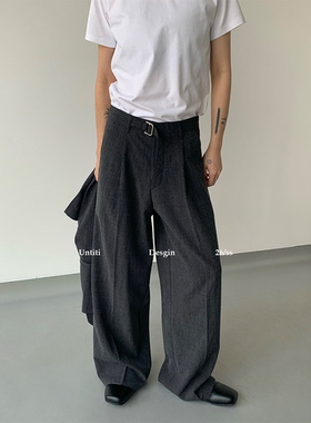 Untit 韩版休闲简约风垂感腰带扣阔腿西裤男宽松设计感褶皱长裤