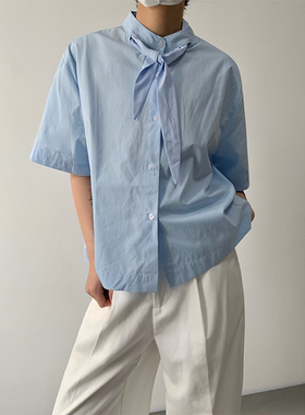 MONO小众设计感领结短袖衬衫男女宽松休闲新中式立领短款衬衣上衣