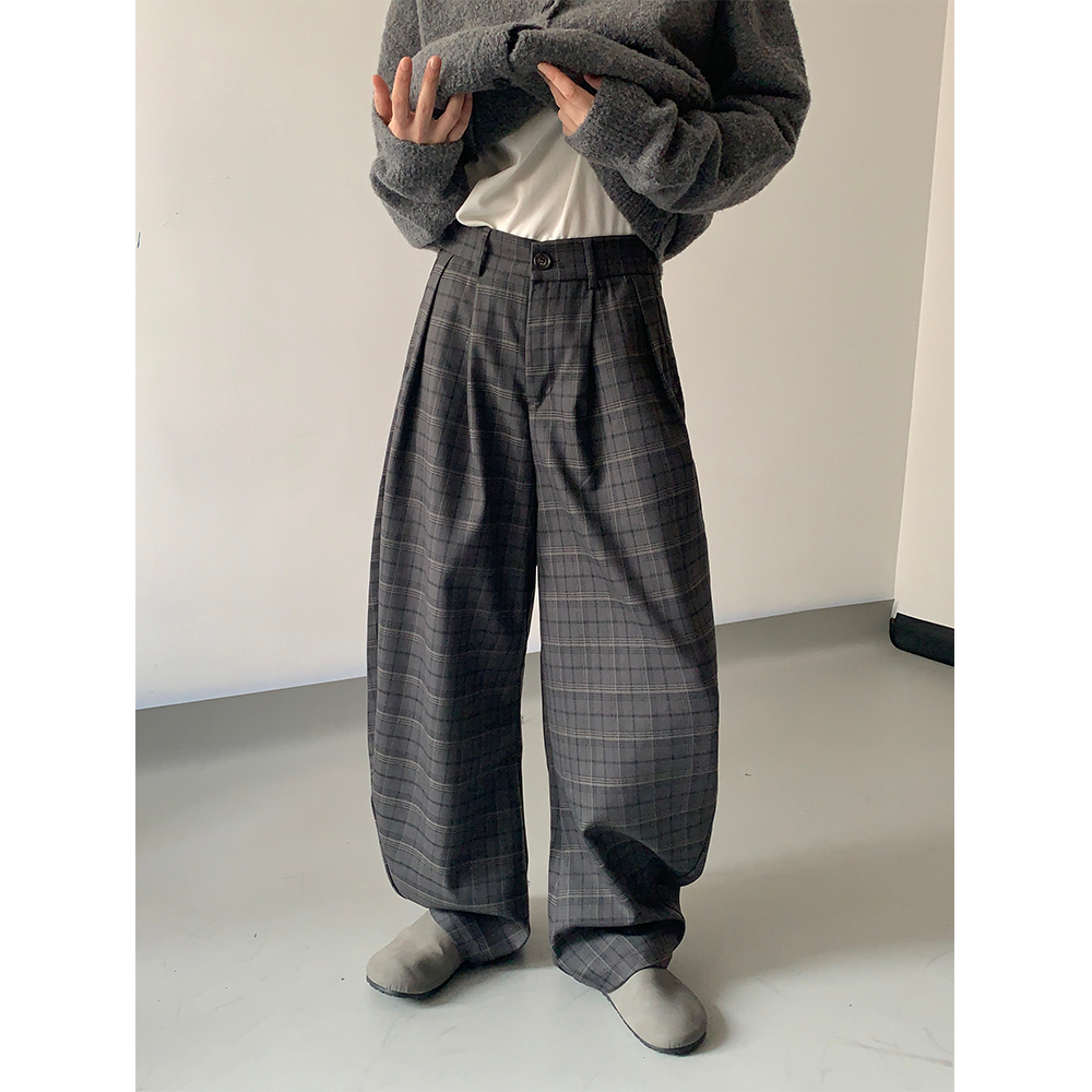ADCE 高级感复古格子弯刀西裤宽松廓形设计感休闲阔腿拖地裤男