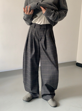 ADCE 高级感复古格子弯刀西裤宽松廓形设计感休闲阔腿拖地裤男