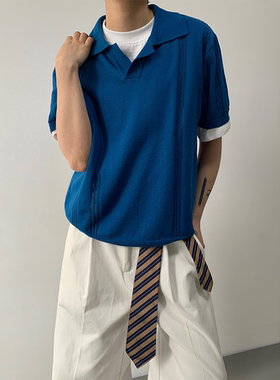 MONO复古老钱风针织polo短袖提花纹理设计柔软亲肤慵懒感休闲上衣