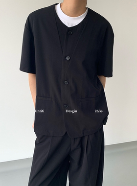 Untit 复古新中式无领短袖衬衫男夏季小众设计感纽扣开襟衬衣