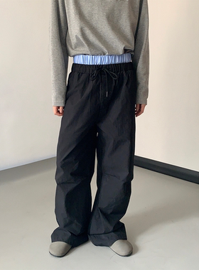 ADCE 假两件休闲裤拼接设计复古工装伞兵裤双腰头宽松直筒拖地裤