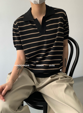 MONOCHROME*春夏翻领条纹针织polo短袖冰丝面料