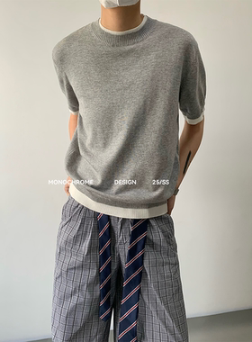 MONO 撞色假两件miu系针织短袖宽松慵懒百搭圆领打底上衣男女