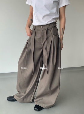 Untit 极简复古风立体褶皱阔腿绑带西裤男女宽松高级感垂坠长裤