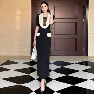 包臀连衣裙女夏新款 五分袖 简单大方蕾丝拼接气质显瘦收腰性感修身