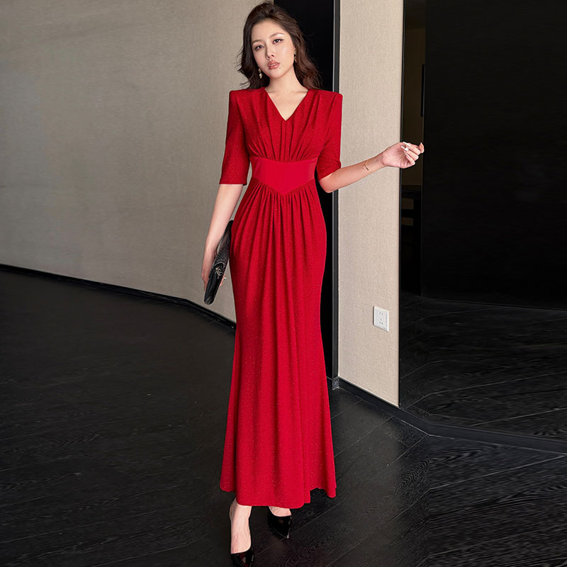 中袖弹力V领夏季女士气质显瘦收腰包臀开叉性感连衣裙夏新款长裙