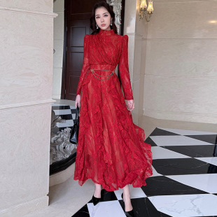 长裙 大摆修身 女士特别漂亮掐腰气质显瘦长袖 蕾丝红色连衣裙春新款