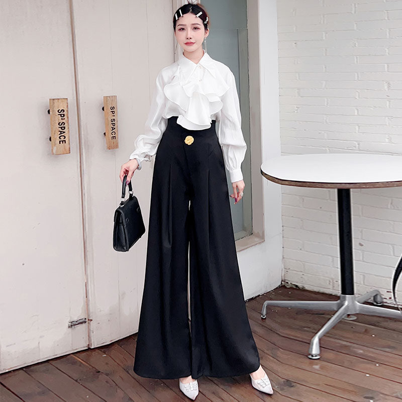 气质荷叶边修身上衣搭配高腰垂感阔腿长裤两件套秋冬新款时髦套装