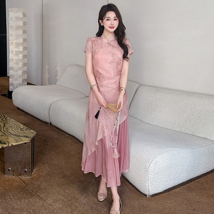 优雅中国风改良式假两件旗袍连衣裙女夏修身显瘦修身型百折长裙