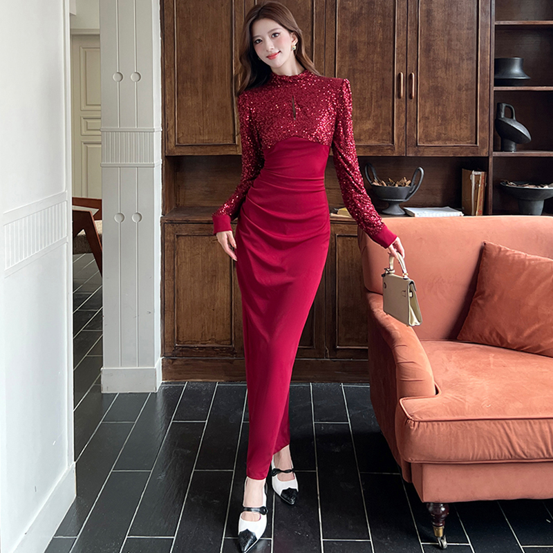 秋冬高级感亮片拼接连衣裙女修身显瘦包臀中长裙气质名媛质感裙