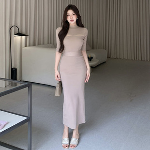 精致气质半高领中袖针织连衣裙女修身包臀气质高级感设计感长裙秋