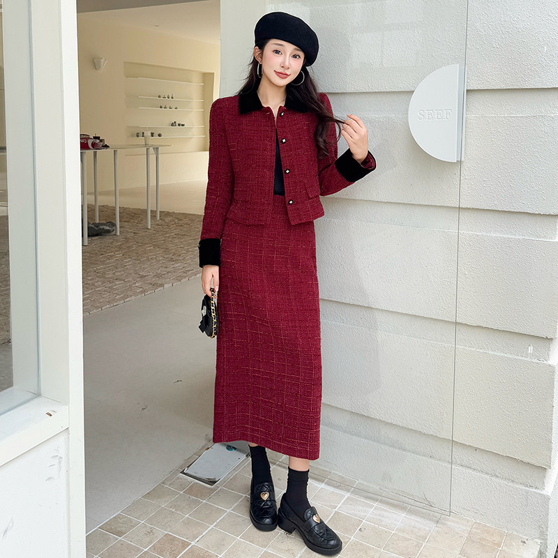 小香风轻奢红色粗花呢套装女秋冬名媛千金风短外套半身裙两件套,女装/女士精品,时尚套装,淘宝优惠券,粉丝福利购,淘宝优惠卷