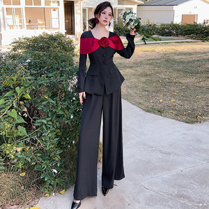 时尚显瘦高腰遮肚子垂坠感阔腿长裤气质女神范欧美高端连体裤女春