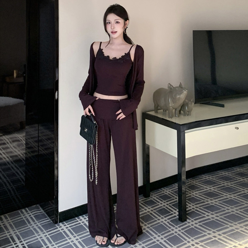 慵懒纯欲蕾丝边秋季三件套女