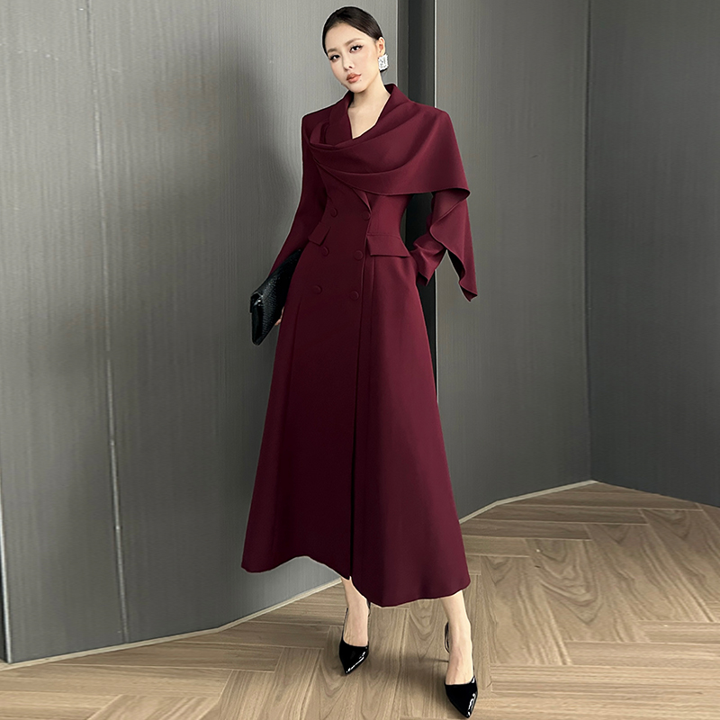 时尚荡领长袖双排扣气质显瘦修身大摆保暖长款风衣外套女秋冬新款