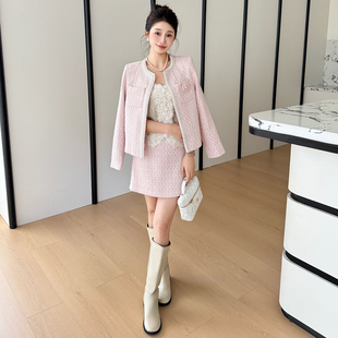 轻奢千金风粉色短加厚呢子外套背心连衣裙两件套装冬季高级感套装