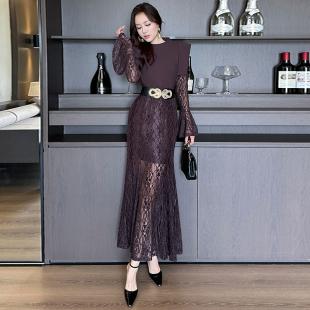 显瘦高腰鱼尾裙巨好看 气质修身 秋日连衣裙女 蕾丝拼接喇叭袖 时尚