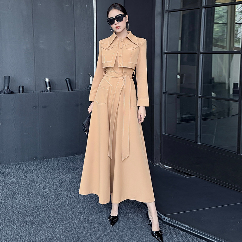 长袖短款修身小西装搭配高腰气质显瘦大摆秋冬连衣裙长款两件套裙