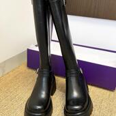 拖沓刘天王 全牛皮金属扣高跟骑士靴厚底腿粗mm显瘦长筒靴