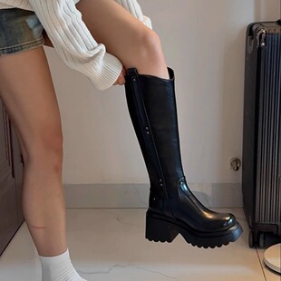 拖沓刘天王/小粗腿巨显瘦厚底增高骑士靴皮带扣酷飒长筒靴/34-41