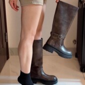 拖沓刘天王 小粗腿巨显瘦复古厚底骑士靴个性 皮带扣长筒靴