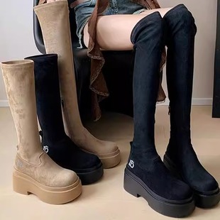 拖沓刘天王/小粗腿巨显瘦厚底绒面瘦瘦靴过膝靴/大小筒围/34-40