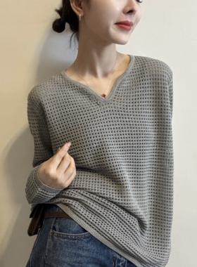 BADX正品纯色小V领宽松针织衫女2026春季慵懒风长袖显瘦百搭上衣