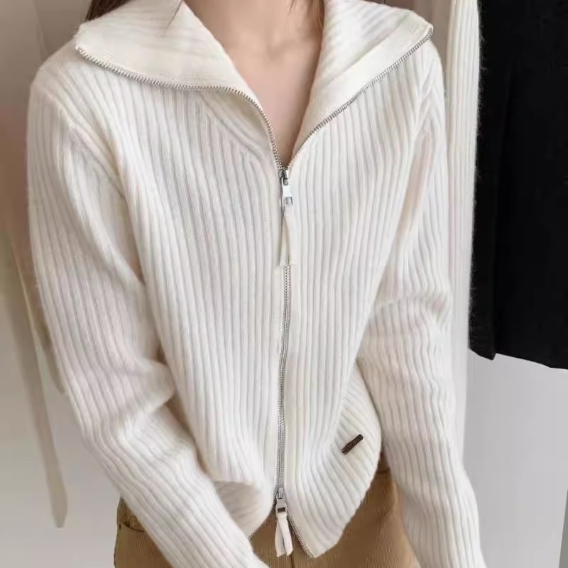 BADX正品纯色翻领双拉链钉标羊毛针织开衫女冬季气质显瘦打底毛衣