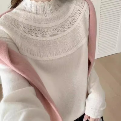BADX正品花边半高领镂空钩花针织衫女25冬季宽松显瘦百搭打底毛衣