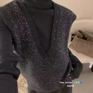 BADX正品灰色亮片深V领纽扣针织马甲背心女25冬季高级感叠穿上衣