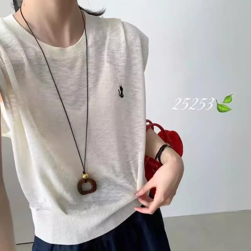 2025夏季韩版卡通刺绣百搭圆领无袖针织衫女宽松减龄薄款显瘦上衣