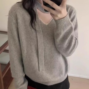 BADX正品冬季韩系温柔蕾丝花边挂脖飘带长袖套头骆驼绒针织毛衣女