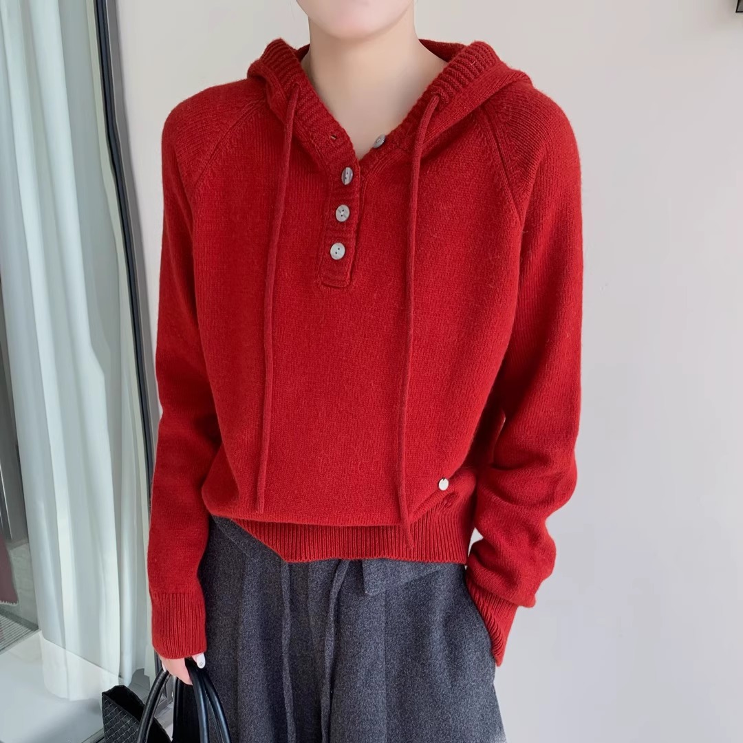 BADX正品韩系纯色简约连帽毛衣女25冬季宽松慵懒洋气打底针织上衣