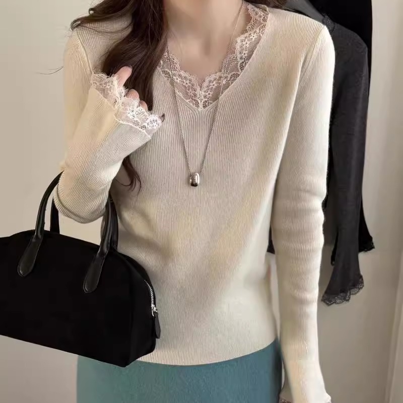 BADX正品超好看蕾丝V领喇叭袖针织衫女25冬季洋气内搭针织打底衫