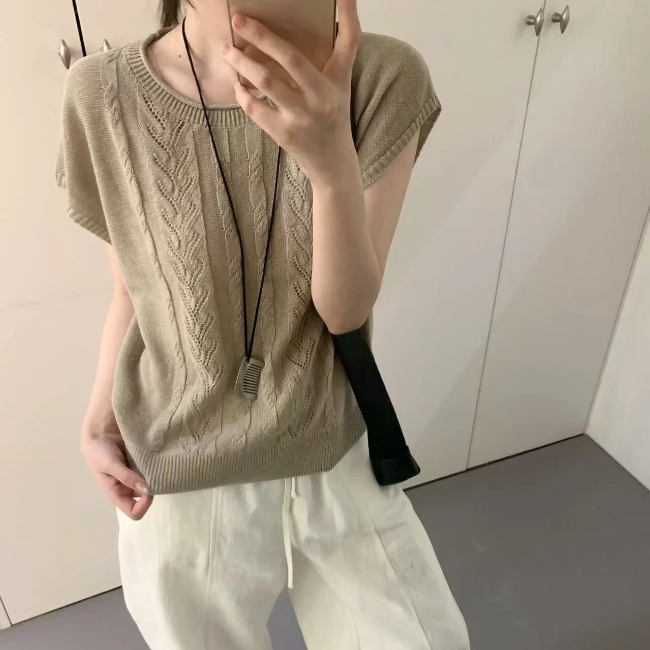 BADX正品韩系设计感镂空天爽亚麻针织t恤女夏季薄款宽松别致上衣