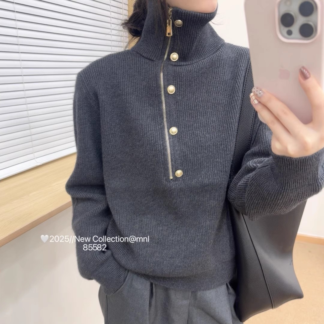 BADX正品侧半拉链金扣宽松百搭针织衫女冬季洋气休闲减龄通勤毛衣