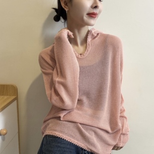 BADX正品纯色连帽薄款针织衫女26春季新款长袖百搭宽松上衣ins潮