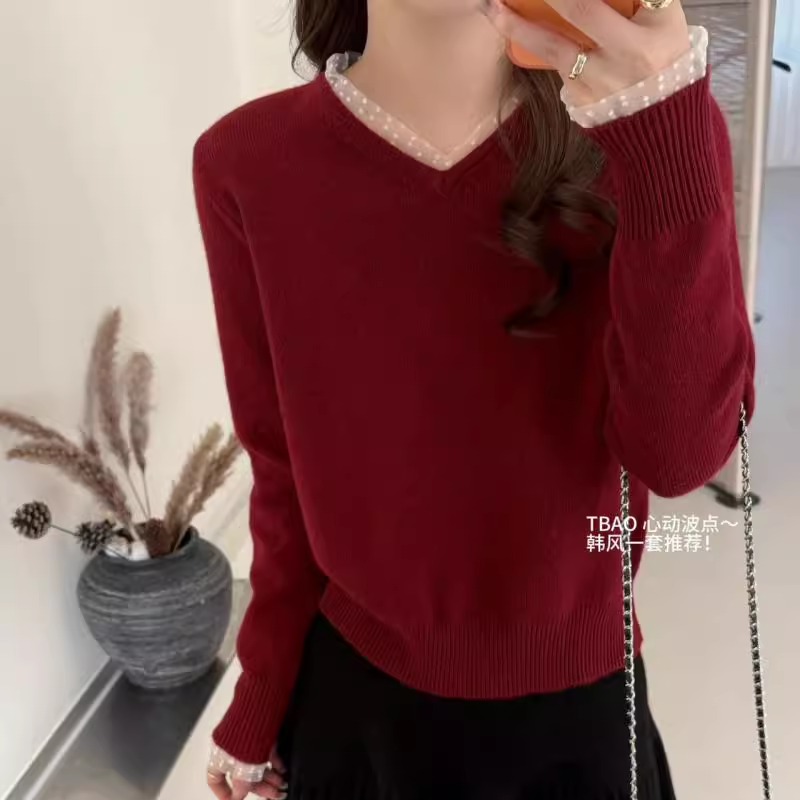 BADX正品V领网纱波点拼接羊毛毛衣女25冬季宽松显瘦打底针织上衣