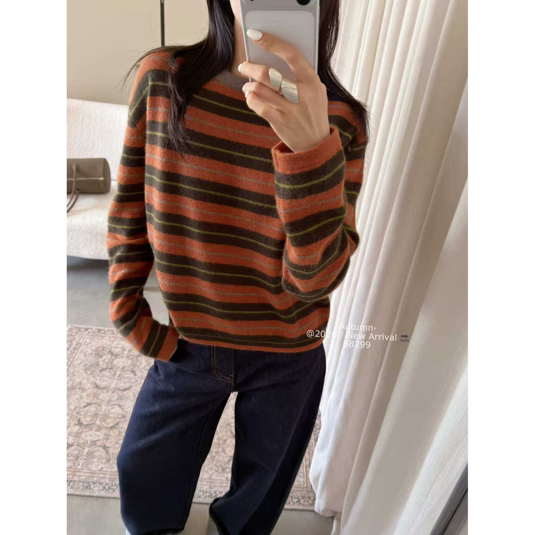 BADX正品桔条纹圆领宽松套头针织衫女26秋季韩版显瘦百搭毛衣上衣