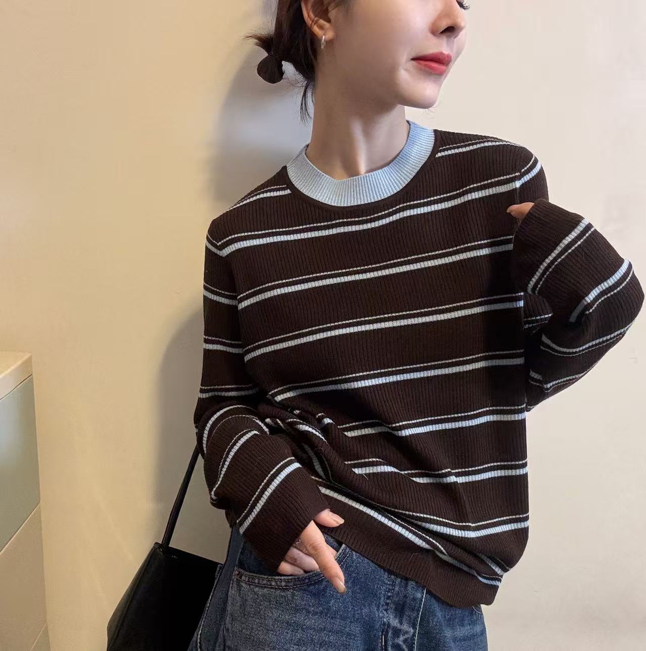 BADX正品复古撞色条纹圆领针织衫女冬季宽松显瘦百搭长袖打底毛衣