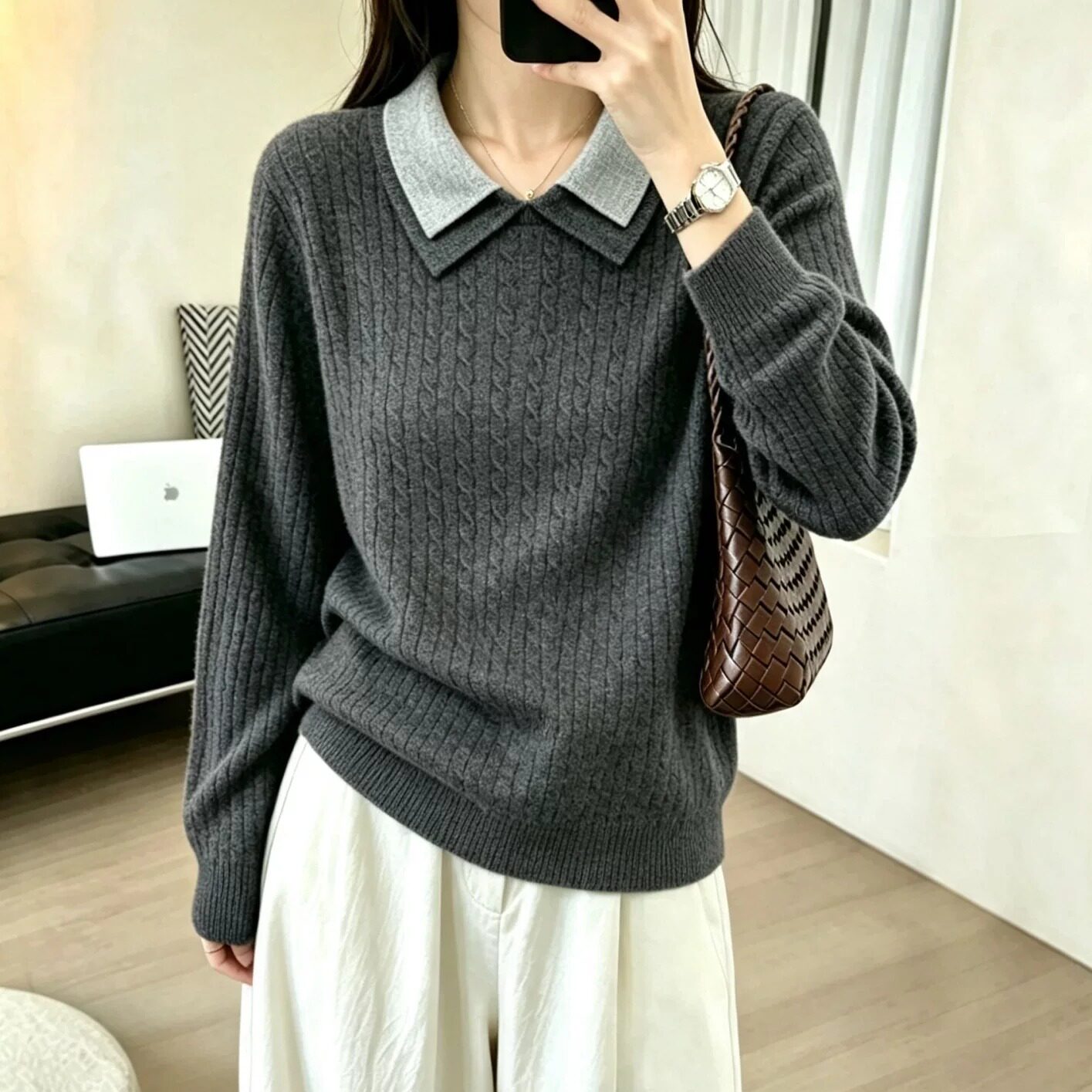 BADX正品麻花双色翻领长袖针织衫女26秋季新款韩版时髦高级感上衣