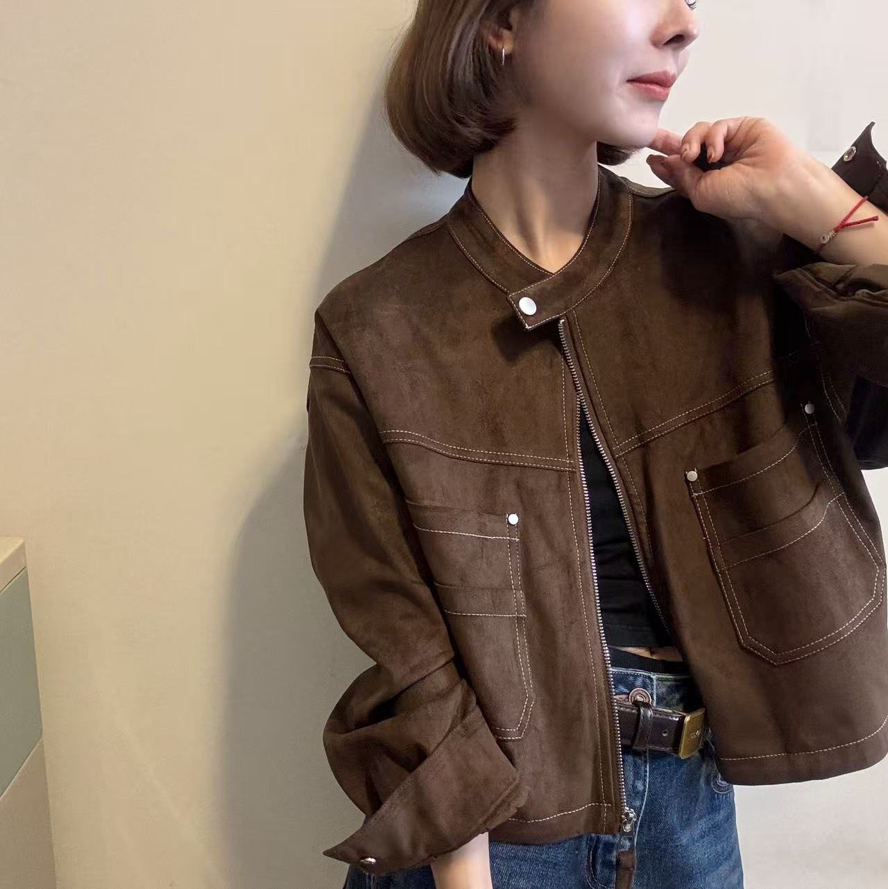 麂皮绒休闲短款外套女2025秋季新款韩版时尚洋气百搭立领夹克上衣