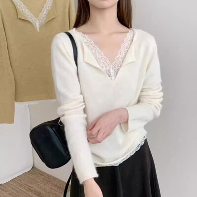 BADX正品韩系甜美蕾丝拼接蜜熊绒珠片毛衣女秋冬宽松百搭针织上衣